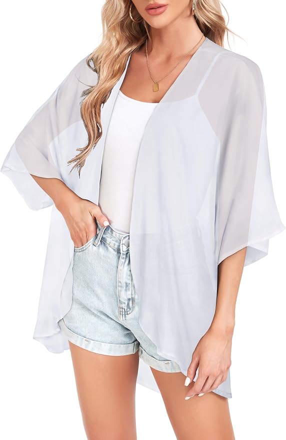 Women Kimono Cardigans Summer Cover Up Hawaiian Shirts Floral Print Tops | ROSEMIA chiffon kimono open front cardigans, beach cover ups, daily casual tops, cruise outfits, summer resort wear