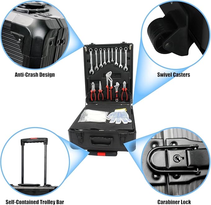 Arcwares 799pcs Aluminum Trolley Case Tool Set Silver, House Repair Kit Set, Household Hand Tool Set, with Tool Belt,Gift on Father's Day (Black)