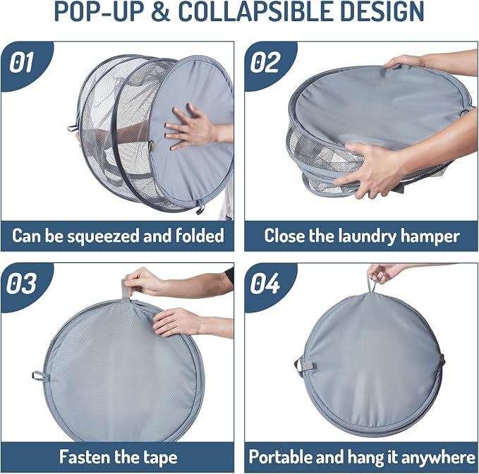Seiritex Mesh Popup Laundry Hamper 115L Collapsible Laundry Basket Extra Large Capacity Foldable Clothing Storage Basket with Handles 26 H x 18 W x 18 L (Gray)