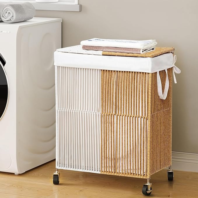 WOWLIVE Rolling Laundry Basket Wheels, Handwoven Laundry Hamper with Lid | Double Clothes Hamper with Divided Removable Bag, 115L Large Laundry Sorter 2 Section, Laundry Room Organization