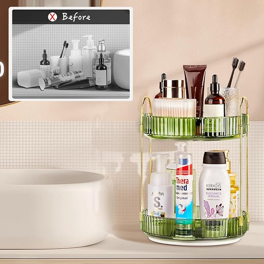360 Rotating Makeup Organizer, 2 Tier Lazy Susan Bathroom Counter Organizer, Skincare Organizers, Spinning Perfume Organizer & Vanity Organizer Countertop (Gem Green, 2 Tier)