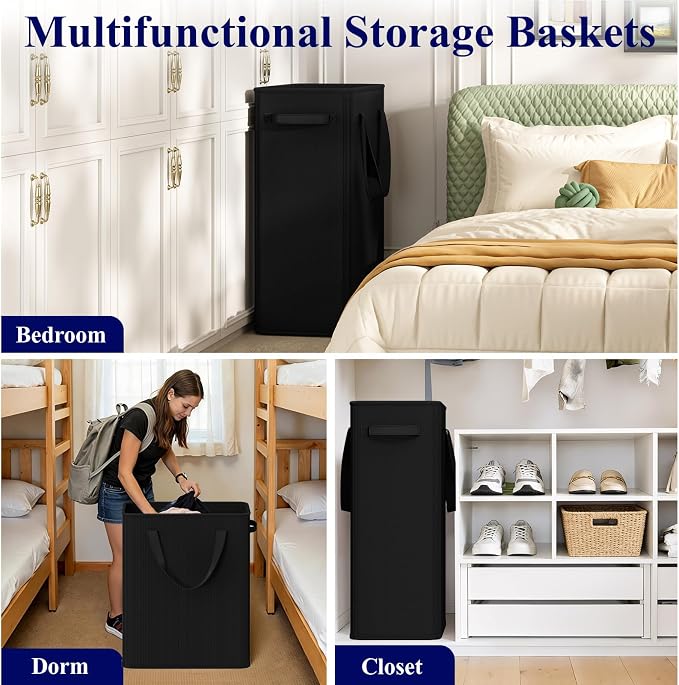 Optish 90L Slim Laundry Hamper, Large Laundry Basket With Handles, Black Narrow Laundry Basket for Dorm, Bedroom, Living Room, Collapsible Laundry Hamper