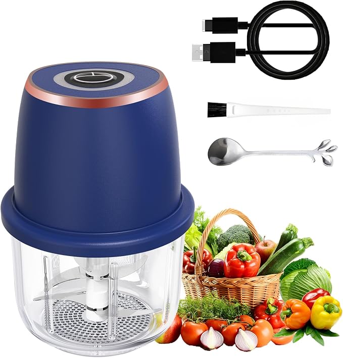 Electric Garlic Chopper, Mini Food Processor & Vegetable Chopper, 350ml Portable Cordless USB Rechargeable Garlic Chopper, Mini Chopper for Onion, Herb, Nut, Easy to Clean Glass Container（Blue）