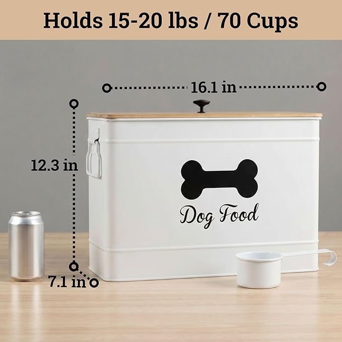 Dog Food Container Airtight Bamboo Lid 15-20 lb Sturdy Metal Handle 70 Cups | Pet Jar For Dogs up to 100lbs, Airtight Bamboo Lid, Sturdy Comfortable Metal Handle, Powder Coated Iron, Kibble Storage Bin