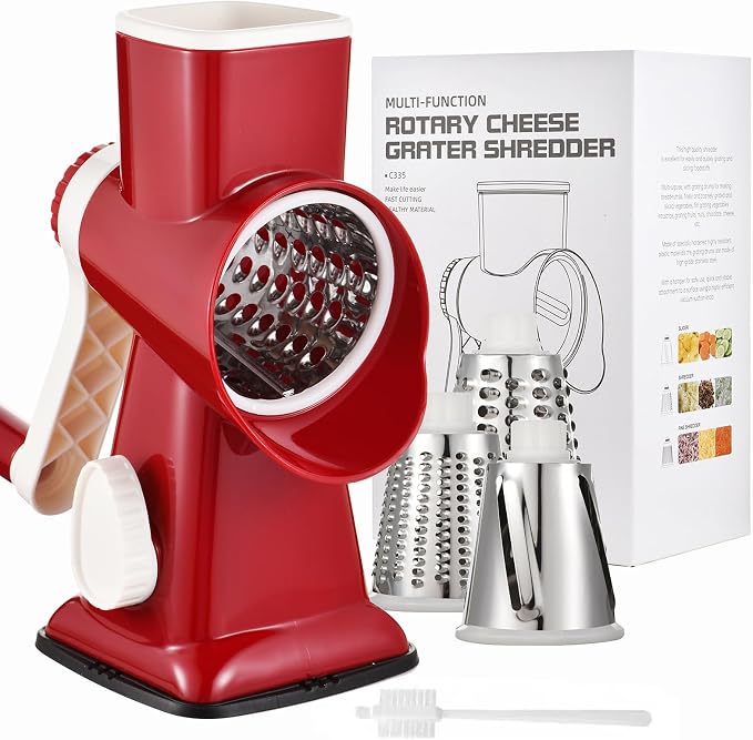 Rotary Cheese Grater Manual Hand Crank 3-in-1 Vegetable Shredder | Finger-safe design, stainless steel drums, suction base. Perfect for cheese, vegetables, nuts & chocolate. Easy to clean