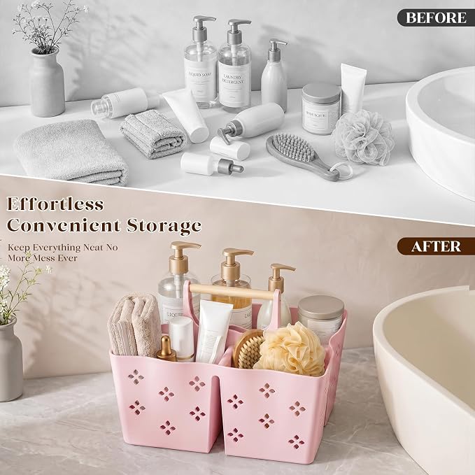 GVY Plastic Shower Caddy Portable, Large Capacity Shower Basket with Handle, Divided Bathroom Toiletry Organizer, Quick-Drain Shower Caddy for College Dorm Beach Kitchen Essentials, Pink