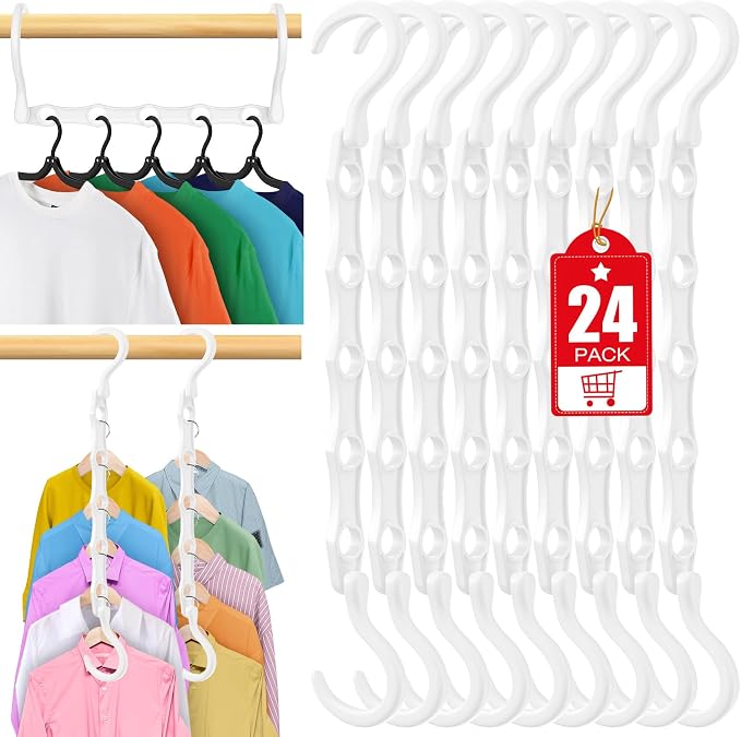 24 Pack Hangers Space Saving Magic Plastic Hanger Organizer White | Shirt Space Saving Hangers, Multi Clothes Hangers Space Saver for Closet Organizers Storage College Dorm Room Essentials