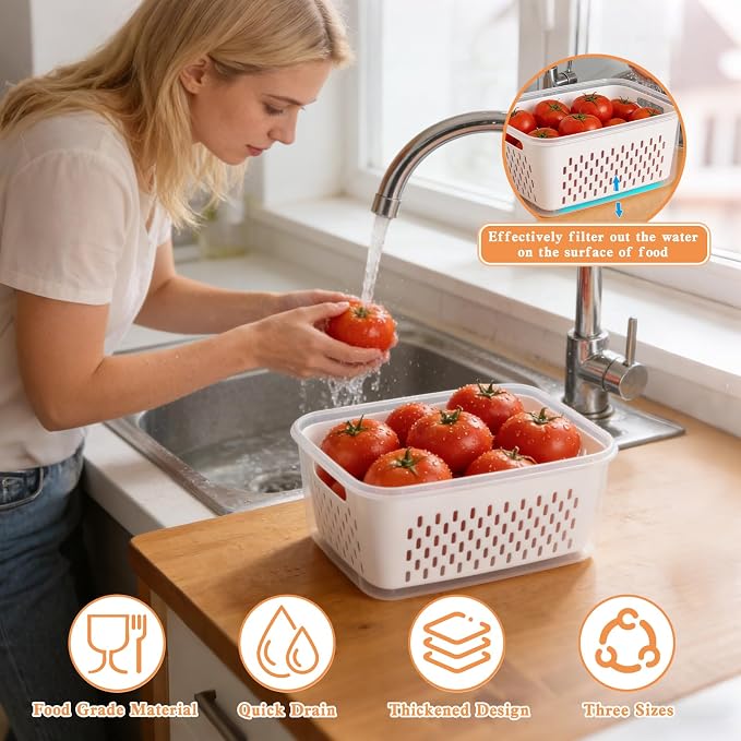 3PC 4 in 1 Food Storage Containers for Fridge with Lid,Produce Keeper with Removable Colander & Drain Basket,Airtight Leakproof Fruit Vegetable Storage Containers Transparent Kitchen Organize(S+M+L)