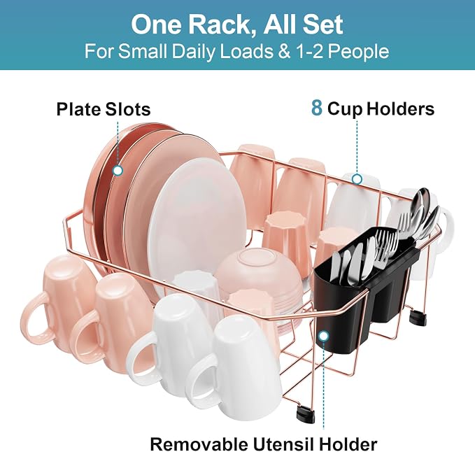 GSlife Small in Sink Dish Drying Rack - Stainless Steel Compact Dish Drainer for RV Kitchen Apartment Sink, Rust Resistant Inside Sink Rack, 1–2 Person Households, 13.1" W x 14.4" L, Rose Gold
