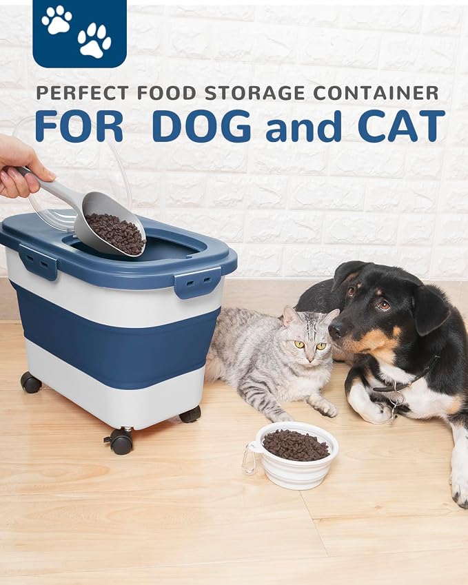 20-23Lbs Dog Food Storage Container Airtight,Collapsible Dog Food Container | Pet Food Storage with Double Airtight Seal & Magnetic Lid,Cat Food Container with Wheels for Easy Moving,Small Jar,Scoop
