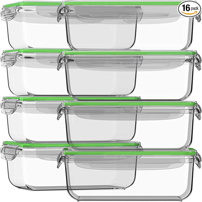 Razab 16 Pc (Set of 8) 30 Oz Glass Meal Prep Containers with Lids, Airtight Large Glass Food Storage Containers, Reusable Leak Proof BPA Free, Freezer to Oven and Dishwasher Safe