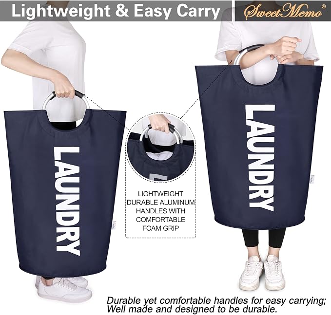 Extra Large Laundry Basket, Big Laundry Hamper Bag, Handles, 130L Navy Blue | Freestanding Tall Dirty Clothes Hamper, Collapsible and Portable Laundry Bin for Dorms and Bedrooms, Thick, Sturdy Fabric