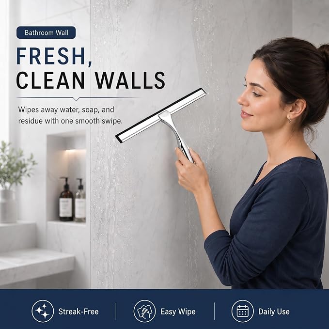 Shower Squeegee for Glass Doors, Stainless Steel Bathroom Squeegee with 3 Kinds of Waterproof Adhesive Hooks, 10 Inch Window Mirror Tile Wall Car Glass Cleaner Tool, Streak-Free Silicone Blade