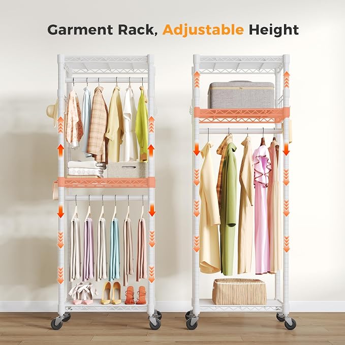 OLIXIS Clothes Rack Heavy Duty Adjustable Garment Clothing Rack with Wheels, Rolling Metal Freestanding Closet Organizer for Hanging Clothes with 2 Side Hooks, Double Rods, 23" x 15" x 75", White