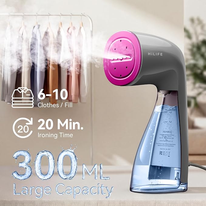 HiLIFE Steamer for Clothes, Portable Handheld Design, 240ml Big Capacity, 700W, Strong Penetrating Steam, Removes Wrinkle, for Home, Office and Travel(ONLY FOR 120V) (Rose Pink)