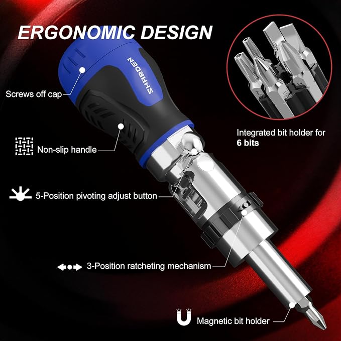 8 in 1 Stubby Ratcheting Screwdriver, Multi Bit Screwdriver Tool | All in One with 6 CRV Bits Phillips, Slotted, Torx,180 Degree Pivoting Adjustable Angle Screw Driver Set for Tight Spaces