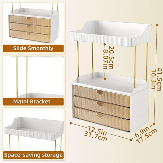 StorBin 2 Sets 6 Drawers Makeup Organizer – 5 Tier Bathroom Organizers and Storage, Versatile Perfume Vanity Organizer, Ideal for Cosmetic, Large Skincare, Face Mask, Office Supplies, Amber