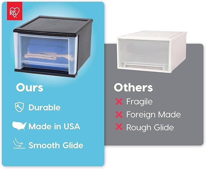IRIS USA 4-Pack, 17 Qt. Medium Stacking Drawer Storage Organizer, Black | Organize clothing, accessories, office supplies, and everyday essentials around your home for a clutter-free space