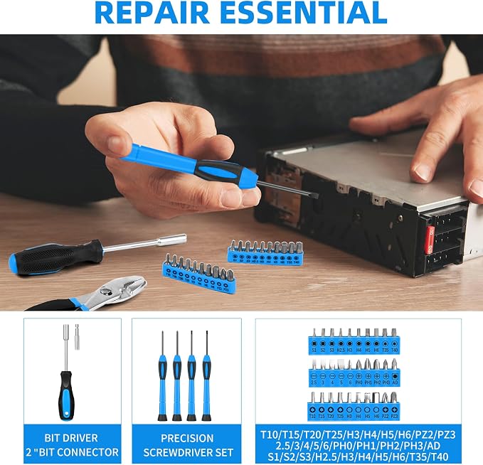 144-Piece Blue Tool Kit for Home, Household Hand Set with Plastic Toolbox | General basic repair tools for women & college students; all-purpose dorm set for home, apartment, office DIY daily repairs