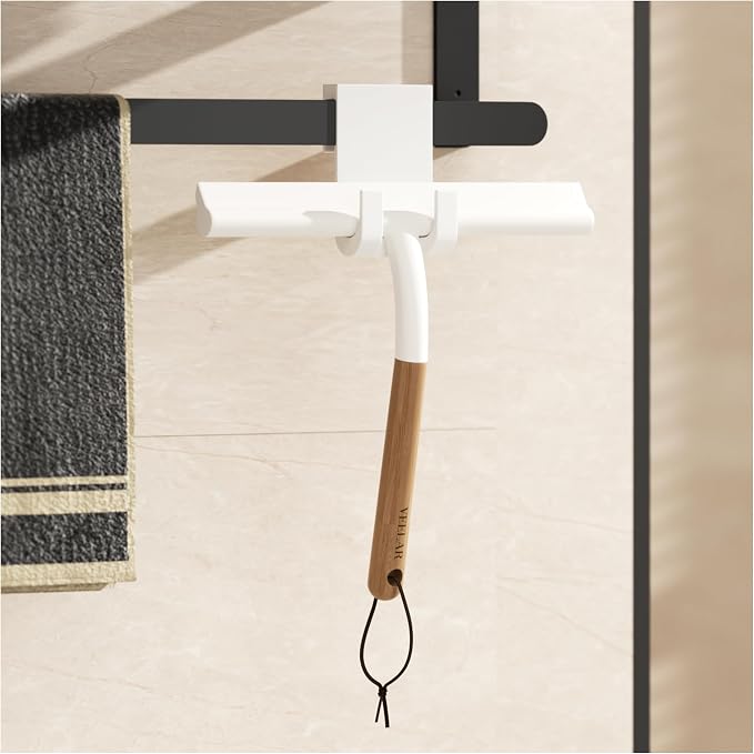 Shower Squeegee for Shower Glass, Bathroom Glass Cleaning Tool with Hook Mount, Squeegee for Glass Doors, Window Cleaning, Tile Shower Walls (White+Wood)