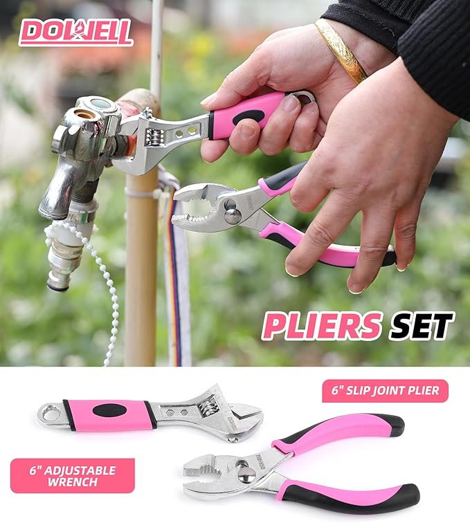 DOWELL 140PCS Pink Tool Kit for Women - Household Essential Tool Set with 14” Storage Bag