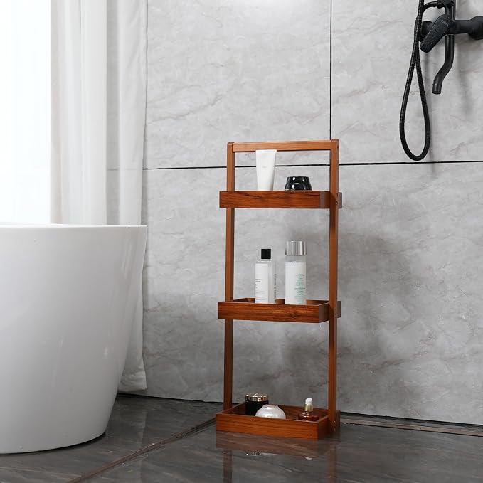 Utoplike Teak Shower Caddy Corner, Standing Organizer Shelf with Handle | 3 Tier with Handle, Wood Bathroom Stand Up Caddy Basket for Shampoo, Rack for Inside Shower, Bath, Office, Kitchen Desktop