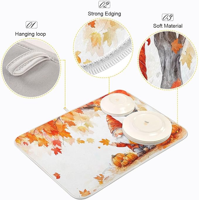 Fall Gnomes Dish Drying Mat for Kitchen Countertop 16x18 Autumn Pumpkin Maple Leaves Small Drying Mat Reusable Quick Dry Dish Sink Mats Easy Clean Decorative Essentials