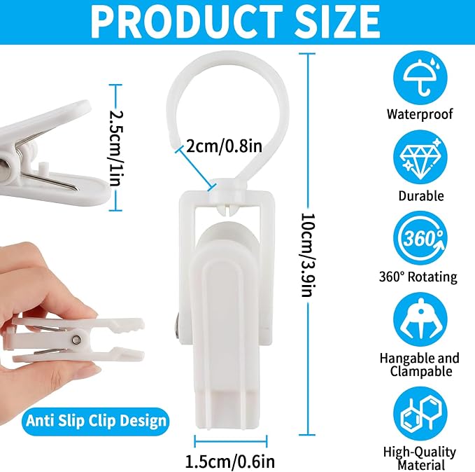 20 PCS Laundry Hooks with Clips Super Strong Plastic Home Travel Swivel Hanging Hanger Closet Organizer Clamps Socks Boot Bras Towels for Bathroom Wardrobe Kitchen Office - 4.3 Inches (White)