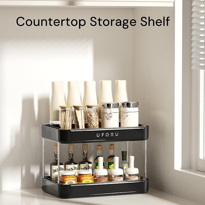 UFORU Countertop Coffee Station Organizer,Cup Rack,Mug & Wine Glass Holder | 2-Tier Black Mug Shelf with Removable Drain Tray,Bathroom Countertop Organizer,Spice Rack for Kitchen