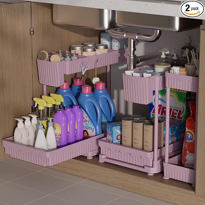 Sevenblue 3 Pack Multi-Purpose Under Sink Organizers and Storage, 2026 L-Shaped Pull Out Cabinet Organizer for Bathroom & Kitchen, Under Cabinet Organizer with Hooks Hanging Cup (Pink, 12.85 inch)