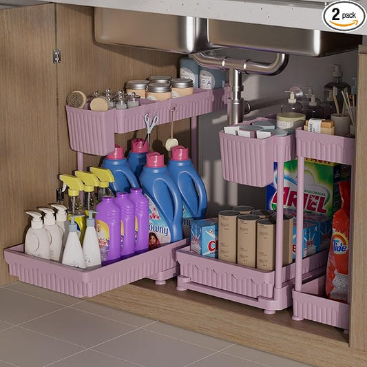 Sevenblue 3 Pack Multi-Purpose Under Sink Organizers and Storage, 2026 L-Shaped Pull Out Cabinet Organizer for Bathroom & Kitchen, Under Cabinet Organizer with Hooks Hanging Cup (Pink, 12.85 inch)