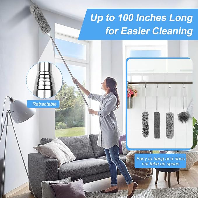 Duster with Extension Pole - Grey | 5-in-1 Kit Dusters for Cleaning, Extendable Duster with 100 Inches, Microfiber Dusters for Ceiling Fans, Furniture, Blinds