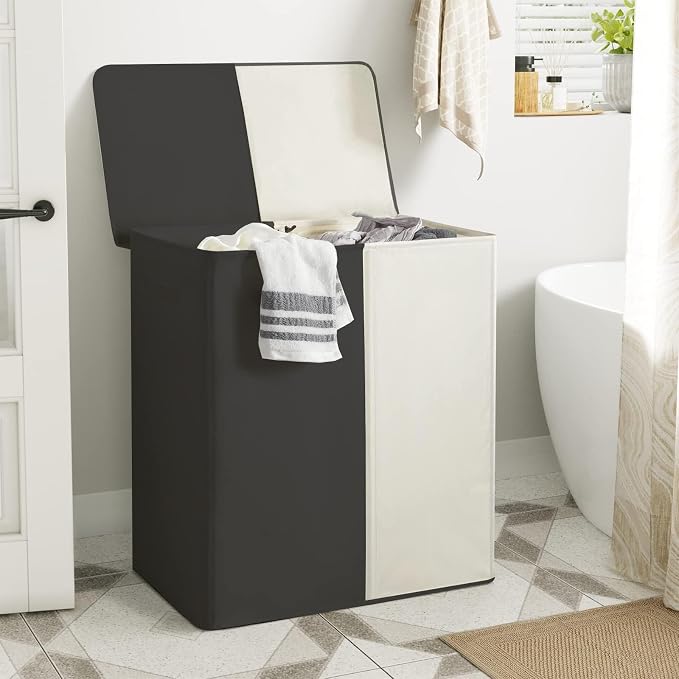 WOWLIVE Double Laundry Hamper with Lid, 154L Large Laundry Basket Organizer | Collapsible Dirty Clothes Hamper 2 Section, with Removable Laundry Bags for Laundry Room, College Dorm, Black and Beige