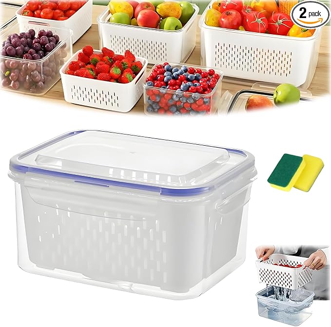 4 in 1 Food Storage Container, Fruit Storage Containers for Fridge, Produce Storage Containers with Lid and Strainer, Including Drain Basket, Multipurpose Large Fruit Containers for Fridge (M-White)