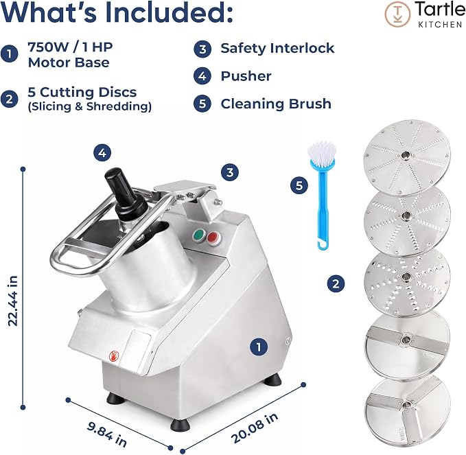 Tartle Kitchen 750W Electric Vegetable Chopper - Commercial Food Processor with Continuous Feed, Dual Feed Openings, 5 Discs for Slicing, Shredding, & Grating - Restaurant-Grade, NSF & ETL Certified