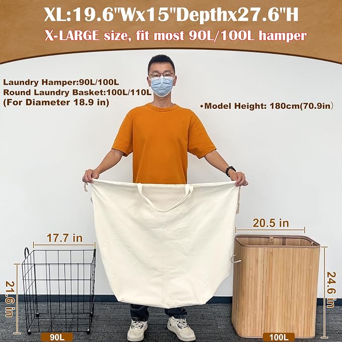 Canvas Laundry Bags with Handles & Rectangular Base 20"Wx15"Dx27.6"H 2 Pack | Extra Large Heavy Duty Laundry Basket Hamper Liner Replacement, Washable Canvas Drawstring Dirty Clothes Bag, Beige