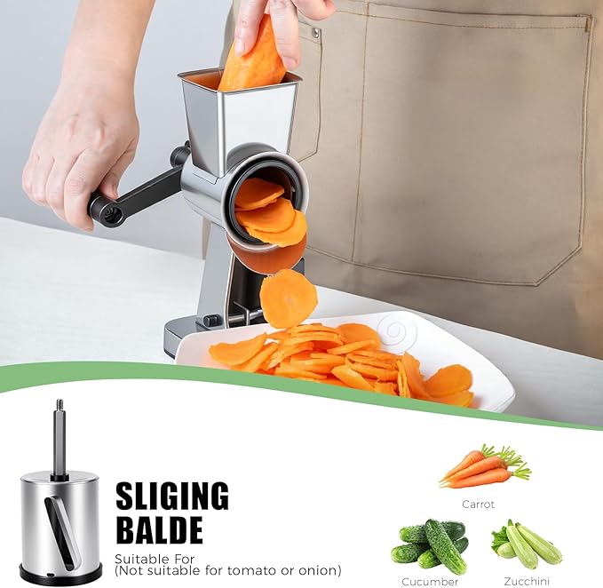 LHS Rotary Cheese Grater Stainless Steel Manual Cheese Shredder Grater Walnuts Grinder with 3 Interchangeable Drum Blades for Chocolate, Cheese and Nuts