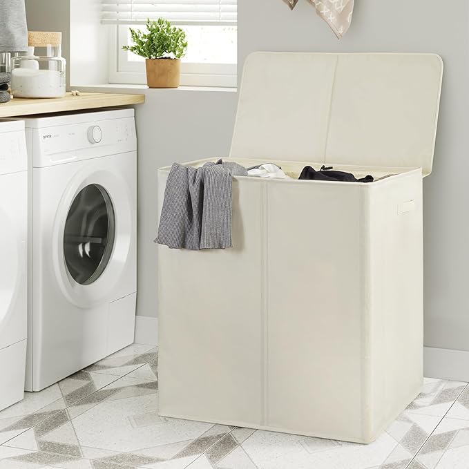 WOWLIVE 180L Double Laundry Hamper 2 Section with Lid and Removable Bags | Divided Laundry Basket, Large Dirty Clothes Hamper with Handle, Collapsible Laundry Storage for Dorm Room, College, Beige