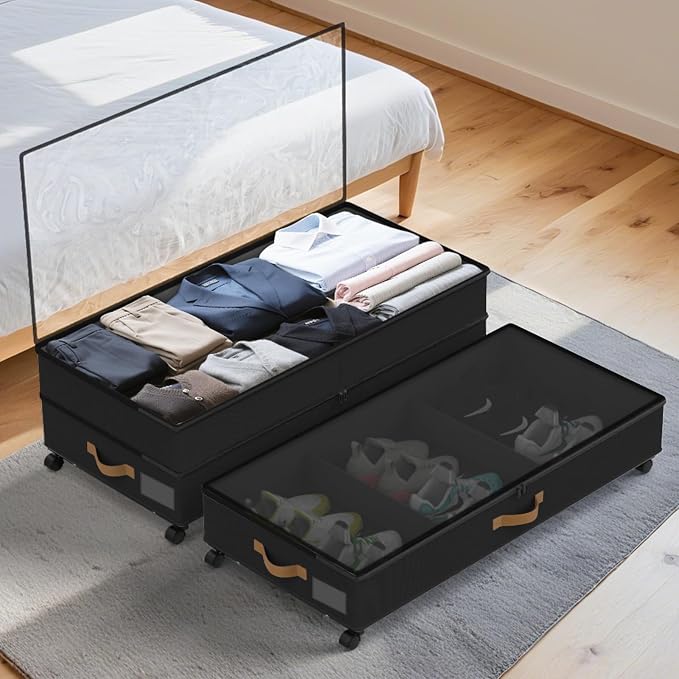 75L 4 Pack Adjustable Under Bed Storage with Wheels | Underbed containers with clear lids, rolling under bed shoe storage organizer for dorm home clothes, blankets, shoes, black