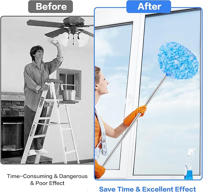 Ceiling Fan Cleaner Duster Reusable Microfiber Ceiling Fan Blade Cleaner Removable Duster with Extension Pole Adjusts 13 to 49.7 Inch for Cleaning Walls Furniture Door Window Top (Blue White)