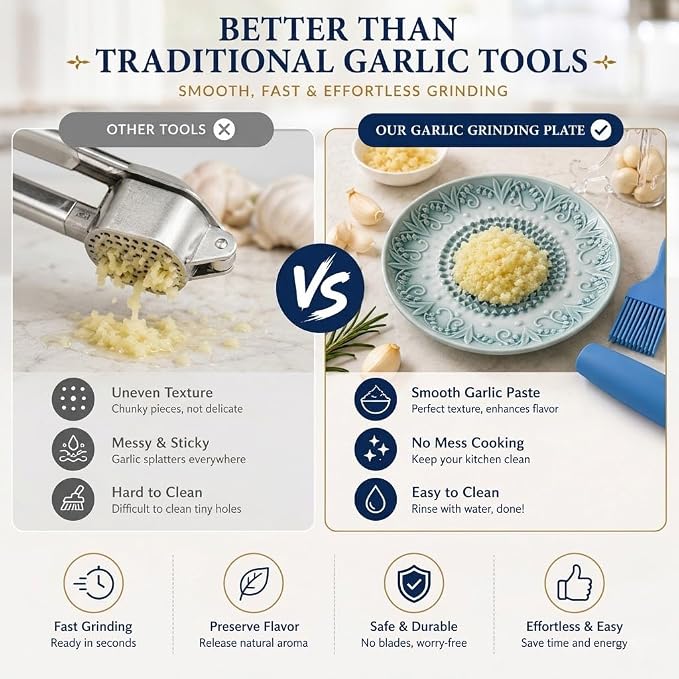 Ceramic Garlic Grater Plate Set with Rack & Cleaning Brush (Grey) | Textured ceramic surface grates garlic, ginger and tomatoes quickly; includes rack, brush and peeler for easy kitchen use