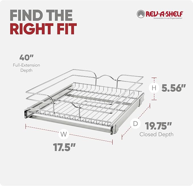 Rev-A-Shelf Steel Wire Pullout Drawer Organizer Shelf for Kitchen Cabinets, Slide Out Storage Basket, Min Opening Width of 17.5", 18" x 20", 5WB1-1820CR-1