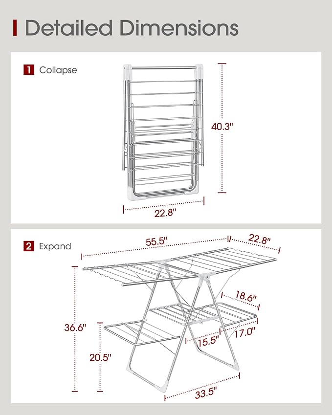 Sakugi Clothes Drying Rack, Foldable 2-Level with 55.5" Adjustable Wings | Laundry Room, Bedroom, Indoor & Outdoor Use, Height Adjustable, Clothing & Bedding, 55.5" L × 22.8" W, Silver and White