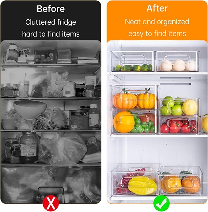 6 Pack Refrigerator Organizer Bins,3 Sizes Stackable Clear Pantry Storage with Handles for Fridge, Freezer, Shelves, Drawer, Snack Organizer for Home & Kitchen