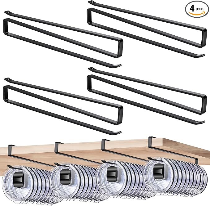 4 Pack Tumbler Lid Organizer, Cup Lid Holder Holds 12 Lids Each Under Cabinet, Space Saving Hook for Kitchen Storage and Coffee Cups, No Drilling, Carbon Steel, Black