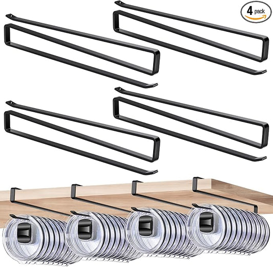 4 Pack Tumbler Lid Organizer, Cup Lid Holder Holds 12 Lids Each Under Cabinet, Space Saving Hook for Kitchen Storage and Coffee Cups, No Drilling, Carbon Steel, Black