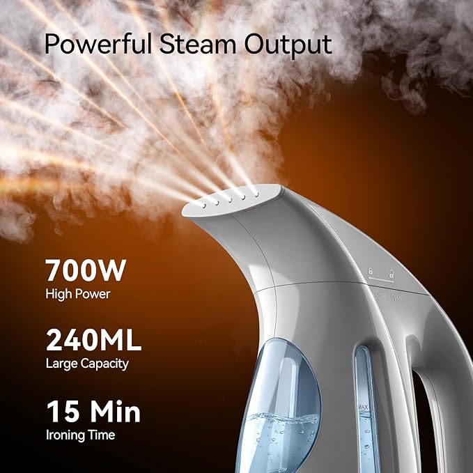 HiLIFE Steamer for Clothes, Portable Handheld Garment Wrinkle Remover, 240ml Big Capacity, 700W, Strong Penetrating Steam, for Home, Office and Travel, ONLY FOR 120V, Silver Gray
