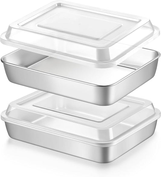 LIANYU Stainless Steel Lasagna Baking Pan with Lid, 9 x 7 x 2 Inch Rectangular Deep Cake Pan Set, Metal Bakeware for Bread Cookie, Oven & Dishwasher Safe (2 Pan +2 Lid)