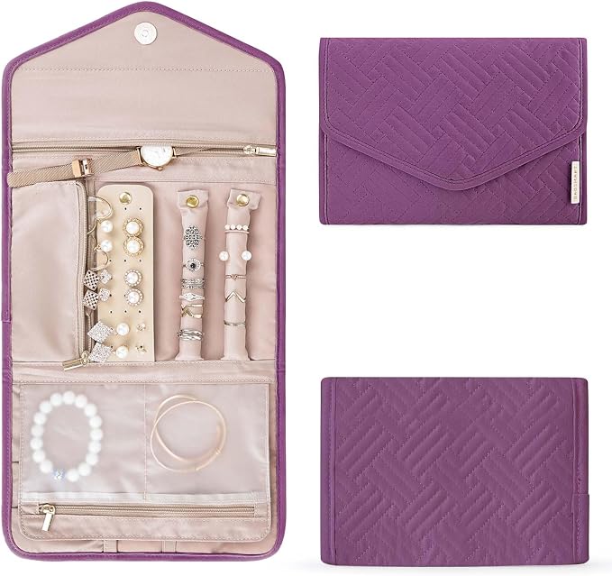 BAGSMART Travel Jewelry Organizer Roll Foldable Jewelry Case for Journey-Rings, Necklaces, Bracelets, Earrings,Purple