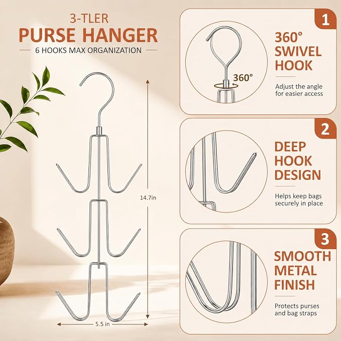 ZEDODIER Purse Hanger, Hanging Purse Organizer for Closet, Holds 24 Bags | Metal 24 Hooks Handbag Holder for Bag Storage, 360° Rotating Design Keeps Purses Visible, Organized, and Easy to Access